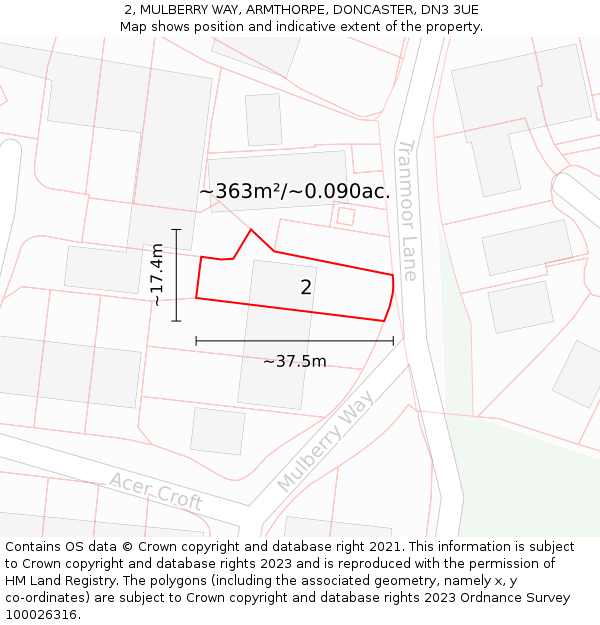 2, MULBERRY WAY, ARMTHORPE, DONCASTER, DN3 3UE: Plot and title map