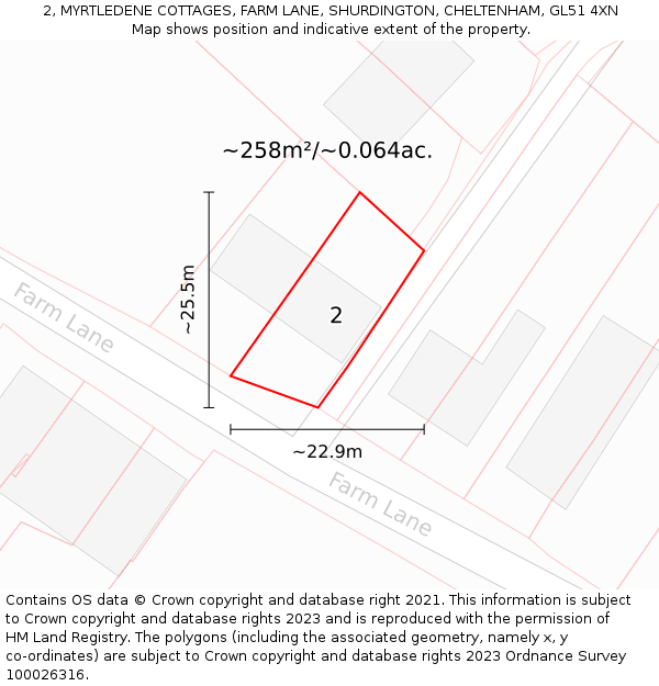 2, MYRTLEDENE COTTAGES, FARM LANE, SHURDINGTON, CHELTENHAM, GL51 4XN: Plot and title map