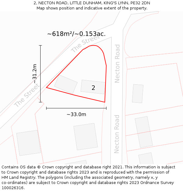 2, NECTON ROAD, LITTLE DUNHAM, KING'S LYNN, PE32 2DN: Plot and title map