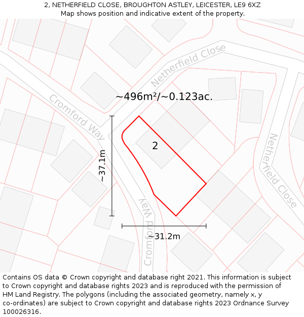 2, NETHERFIELD CLOSE, BROUGHTON ASTLEY, LEICESTER, LE9 6XZ: Plot and title map