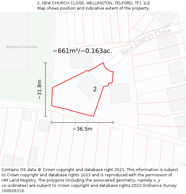2, NEW CHURCH CLOSE, WELLINGTON, TELFORD, TF1 1LE: Plot and title map