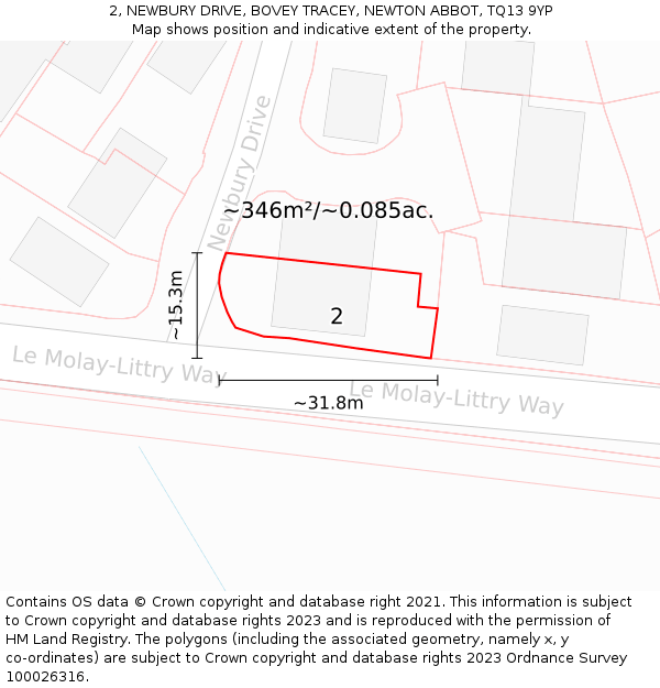 2, NEWBURY DRIVE, BOVEY TRACEY, NEWTON ABBOT, TQ13 9YP: Plot and title map