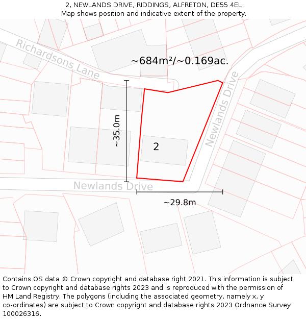 2, NEWLANDS DRIVE, RIDDINGS, ALFRETON, DE55 4EL: Plot and title map