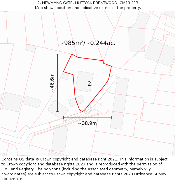 2, NEWMANS GATE, HUTTON, BRENTWOOD, CM13 2FB: Plot and title map