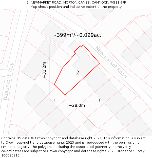 2, NEWMARKET ROAD, NORTON CANES, CANNOCK, WS11 9FF: Plot and title map