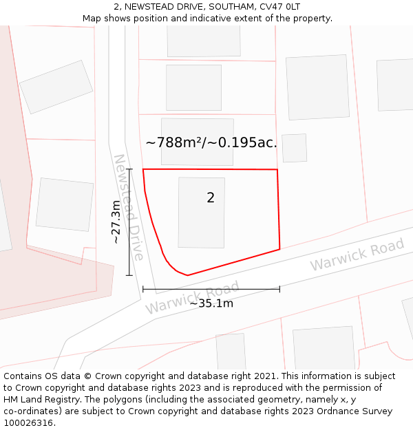 2, NEWSTEAD DRIVE, SOUTHAM, CV47 0LT: Plot and title map