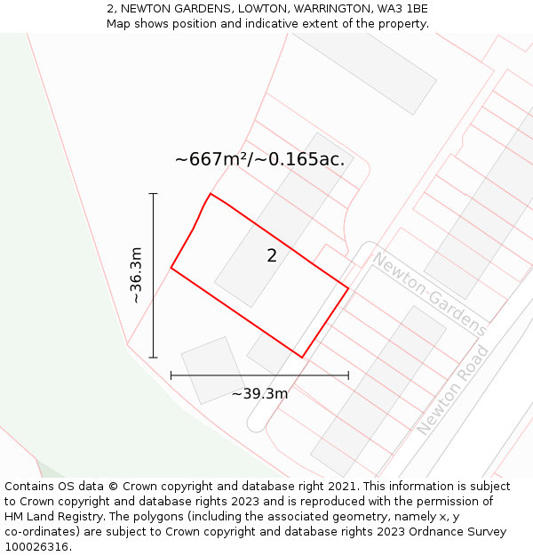 2, NEWTON GARDENS, LOWTON, WARRINGTON, WA3 1BE: Plot and title map
