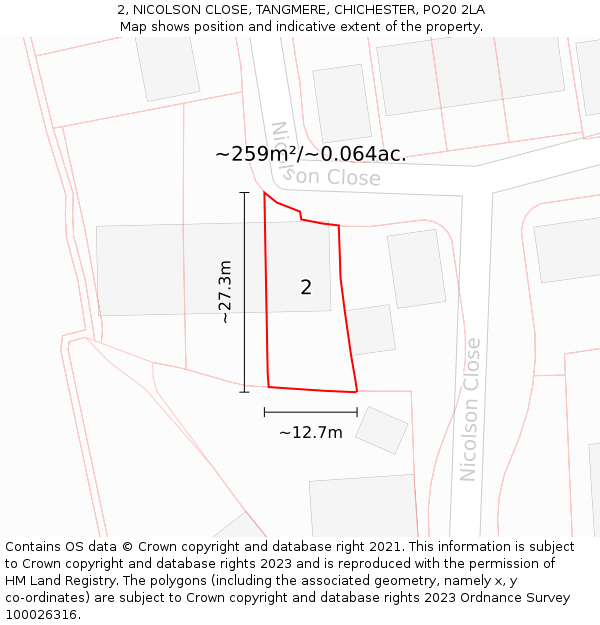 2, NICOLSON CLOSE, TANGMERE, CHICHESTER, PO20 2LA: Plot and title map