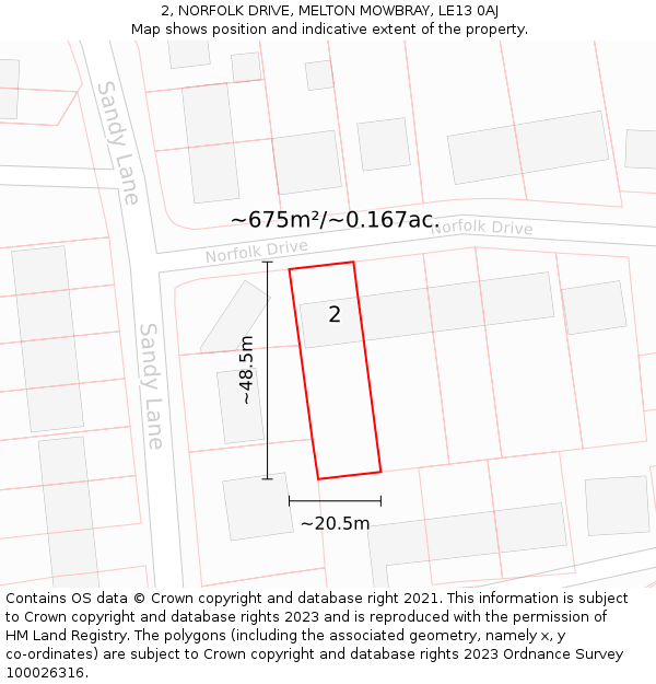 2, NORFOLK DRIVE, MELTON MOWBRAY, LE13 0AJ: Plot and title map