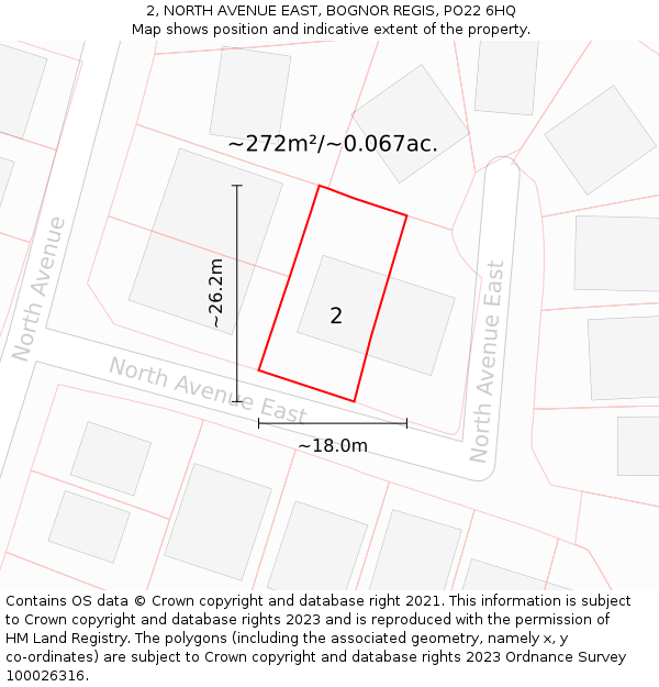 2, NORTH AVENUE EAST, BOGNOR REGIS, PO22 6HQ: Plot and title map