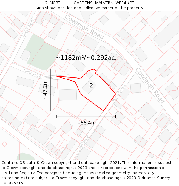 2, NORTH HILL GARDENS, MALVERN, WR14 4PT: Plot and title map