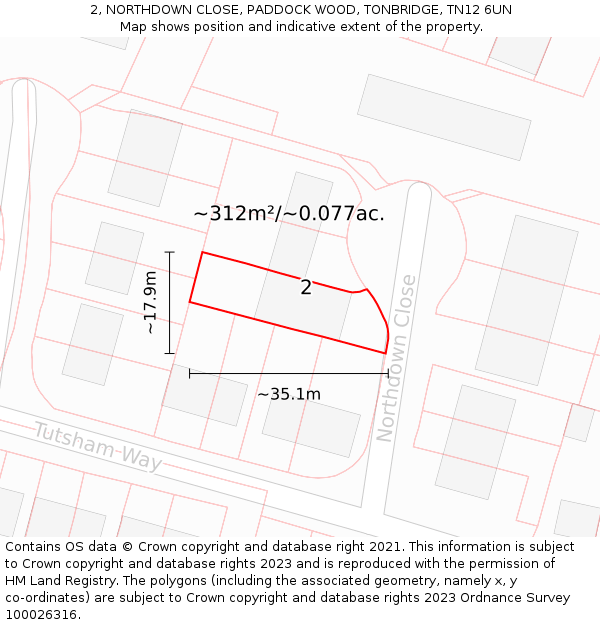 2, NORTHDOWN CLOSE, PADDOCK WOOD, TONBRIDGE, TN12 6UN: Plot and title map