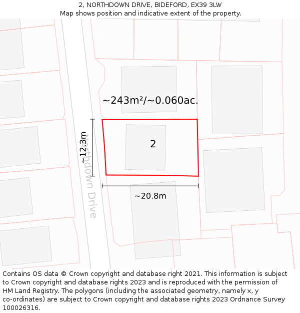 2, NORTHDOWN DRIVE, BIDEFORD, EX39 3LW: Plot and title map