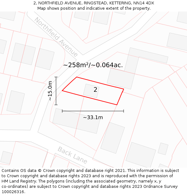 2, NORTHFIELD AVENUE, RINGSTEAD, KETTERING, NN14 4DX: Plot and title map