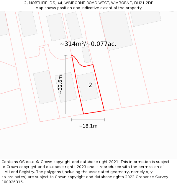 2, NORTHFIELDS, 44, WIMBORNE ROAD WEST, WIMBORNE, BH21 2DP: Plot and title map