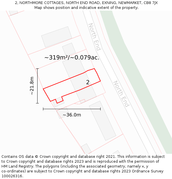 2, NORTHMORE COTTAGES, NORTH END ROAD, EXNING, NEWMARKET, CB8 7JX: Plot and title map