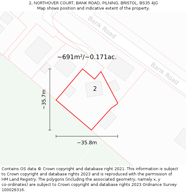 2, NORTHOVER COURT, BANK ROAD, PILNING, BRISTOL, BS35 4JG: Plot and title map