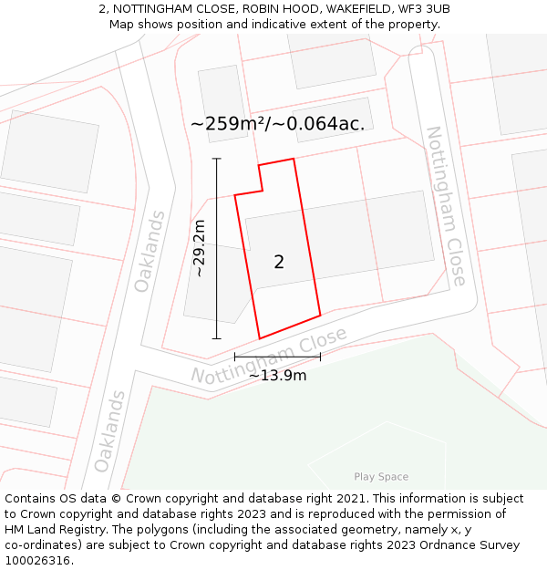 2, NOTTINGHAM CLOSE, ROBIN HOOD, WAKEFIELD, WF3 3UB: Plot and title map
