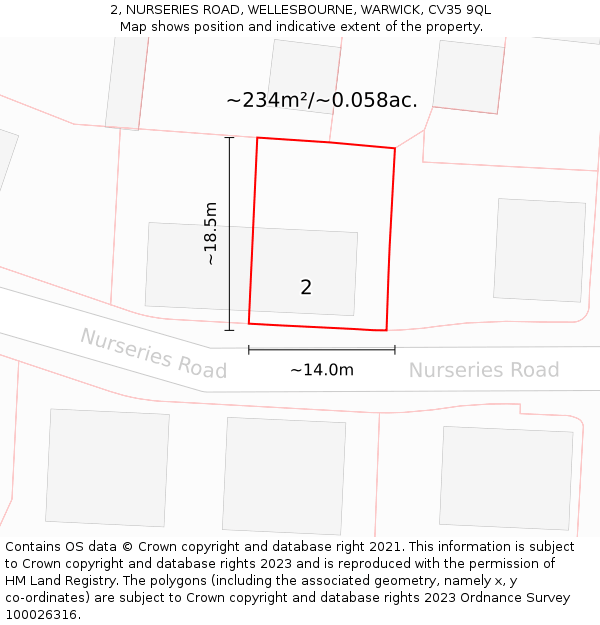 2, NURSERIES ROAD, WELLESBOURNE, WARWICK, CV35 9QL: Plot and title map
