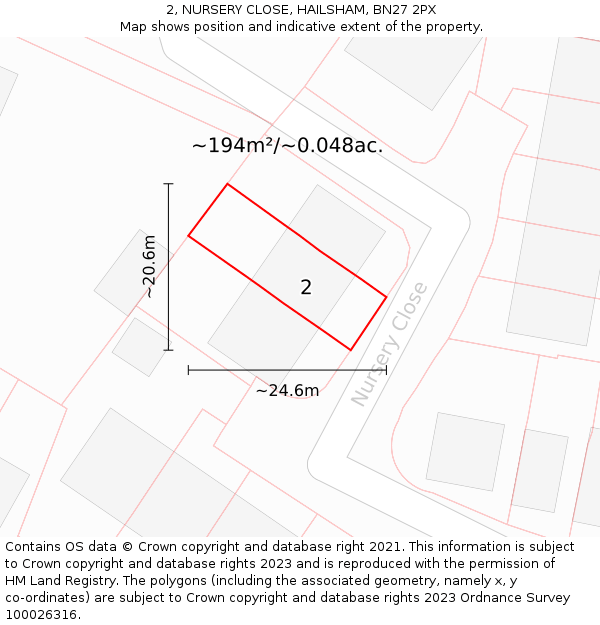 2, NURSERY CLOSE, HAILSHAM, BN27 2PX: Plot and title map