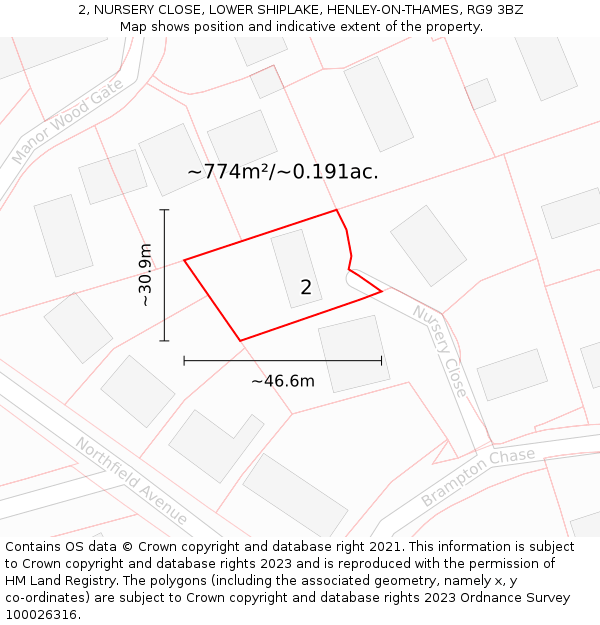 2, NURSERY CLOSE, LOWER SHIPLAKE, HENLEY-ON-THAMES, RG9 3BZ: Plot and title map