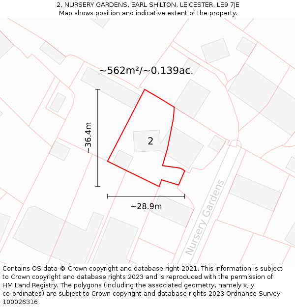 2, NURSERY GARDENS, EARL SHILTON, LEICESTER, LE9 7JE: Plot and title map