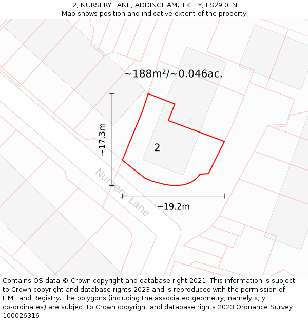2, NURSERY LANE, ADDINGHAM, ILKLEY, LS29 0TN: Plot and title map