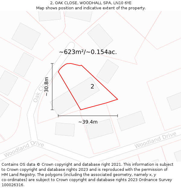 2, OAK CLOSE, WOODHALL SPA, LN10 6YE: Plot and title map