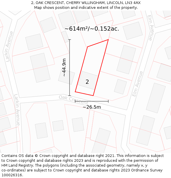 2, OAK CRESCENT, CHERRY WILLINGHAM, LINCOLN, LN3 4AX: Plot and title map