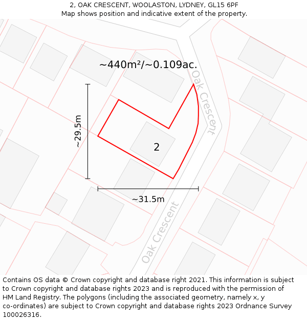 2, OAK CRESCENT, WOOLASTON, LYDNEY, GL15 6PF: Plot and title map
