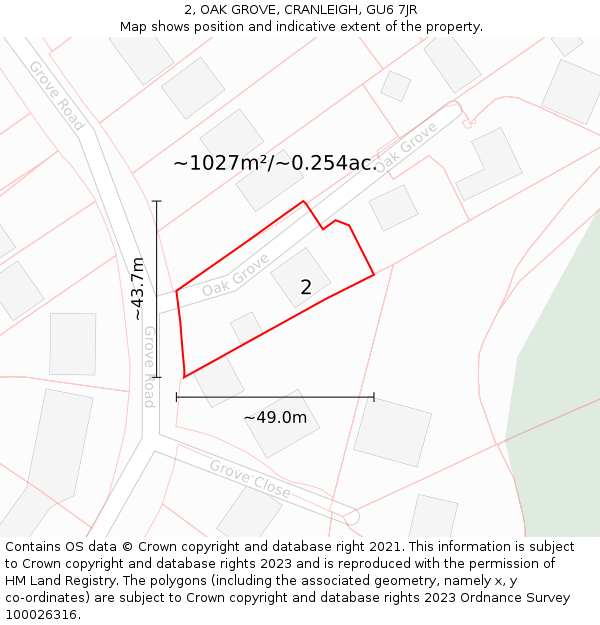 2, OAK GROVE, CRANLEIGH, GU6 7JR: Plot and title map