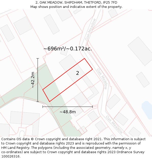2, OAK MEADOW, SHIPDHAM, THETFORD, IP25 7FD: Plot and title map