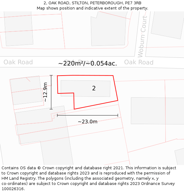 2, OAK ROAD, STILTON, PETERBOROUGH, PE7 3RB: Plot and title map