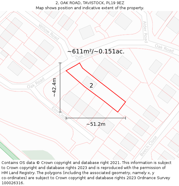 2, OAK ROAD, TAVISTOCK, PL19 9EZ: Plot and title map