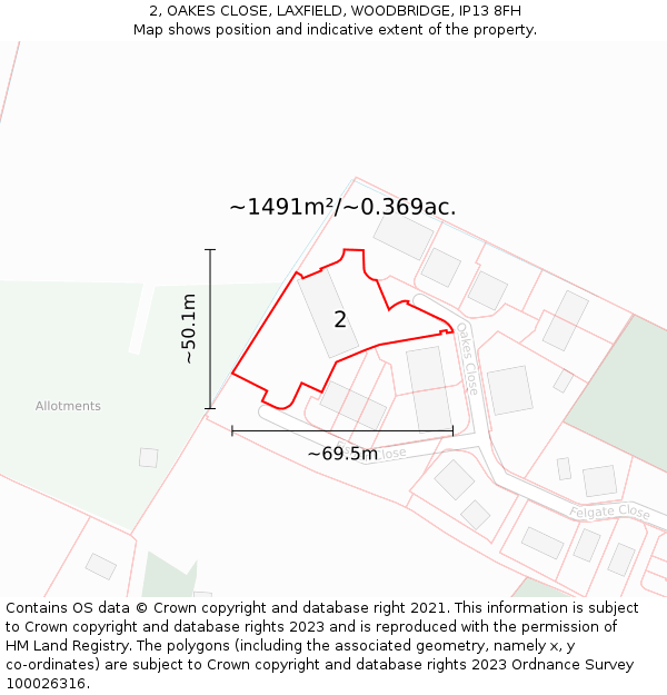 2, OAKES CLOSE, LAXFIELD, WOODBRIDGE, IP13 8FH: Plot and title map