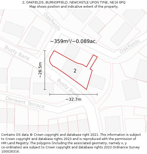 2, OAKFIELDS, BURNOPFIELD, NEWCASTLE UPON TYNE, NE16 6PQ: Plot and title map