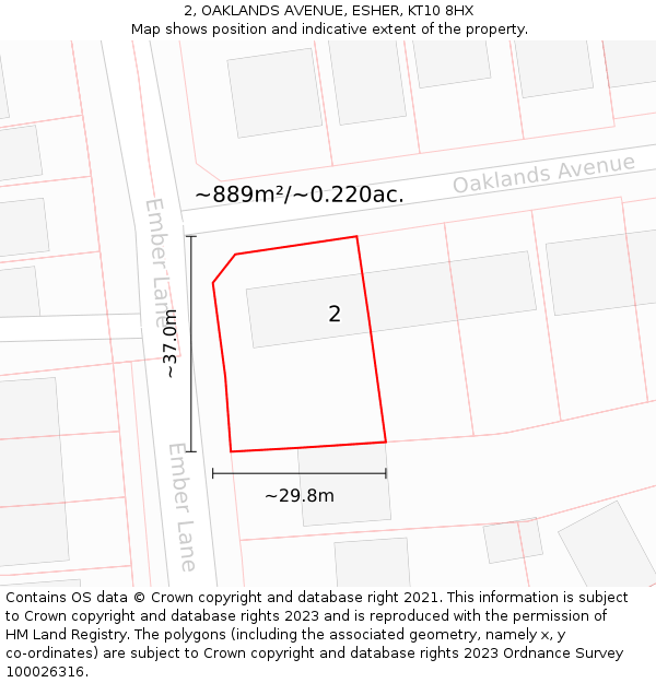 2, OAKLANDS AVENUE, ESHER, KT10 8HX: Plot and title map