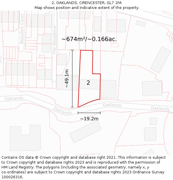 2, OAKLANDS, CIRENCESTER, GL7 1FA: Plot and title map