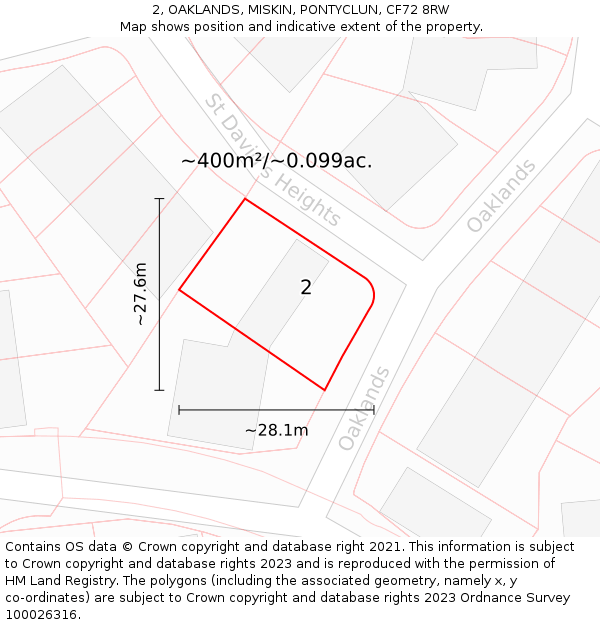 2, OAKLANDS, MISKIN, PONTYCLUN, CF72 8RW: Plot and title map
