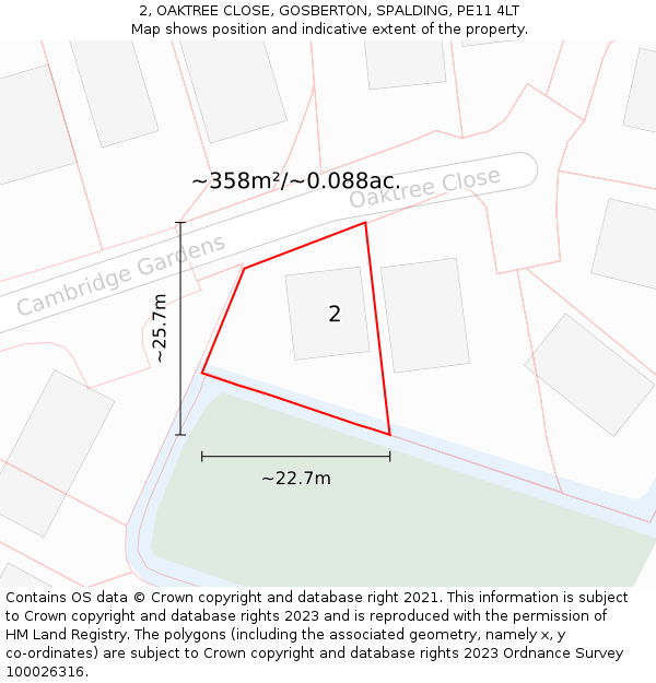 2, OAKTREE CLOSE, GOSBERTON, SPALDING, PE11 4LT: Plot and title map