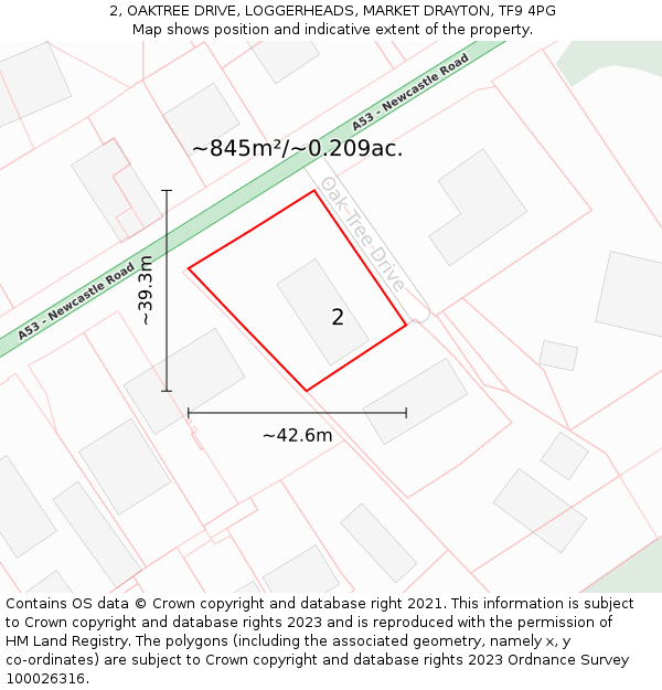 2, OAKTREE DRIVE, LOGGERHEADS, MARKET DRAYTON, TF9 4PG: Plot and title map