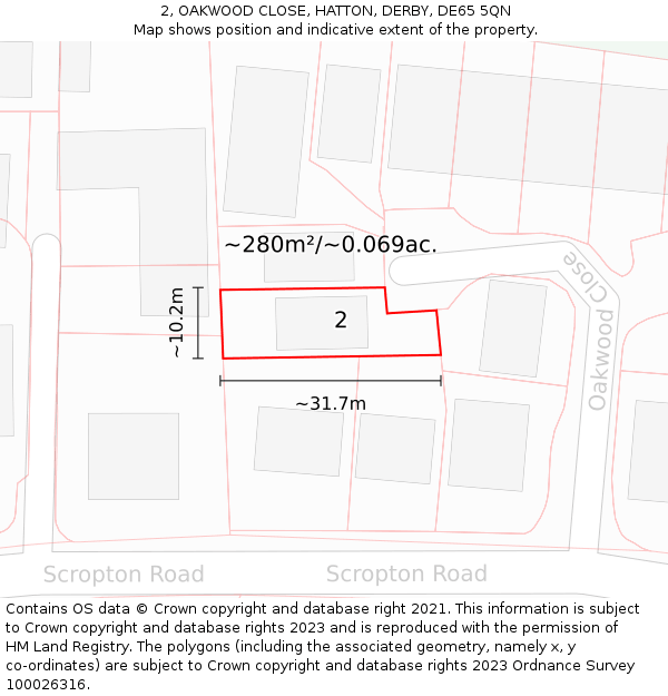 2, OAKWOOD CLOSE, HATTON, DERBY, DE65 5QN: Plot and title map