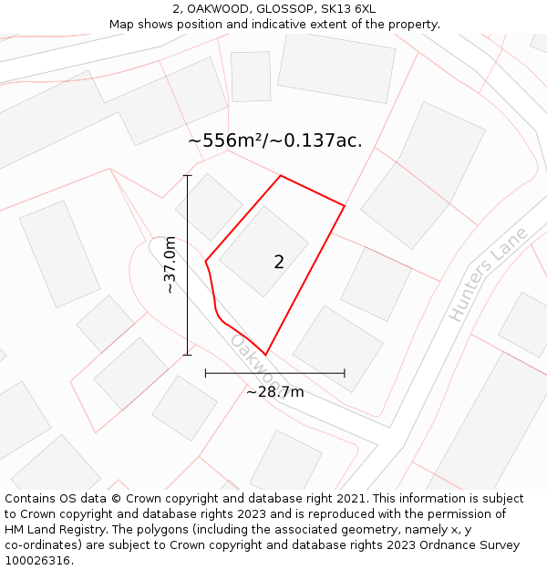 2, OAKWOOD, GLOSSOP, SK13 6XL: Plot and title map