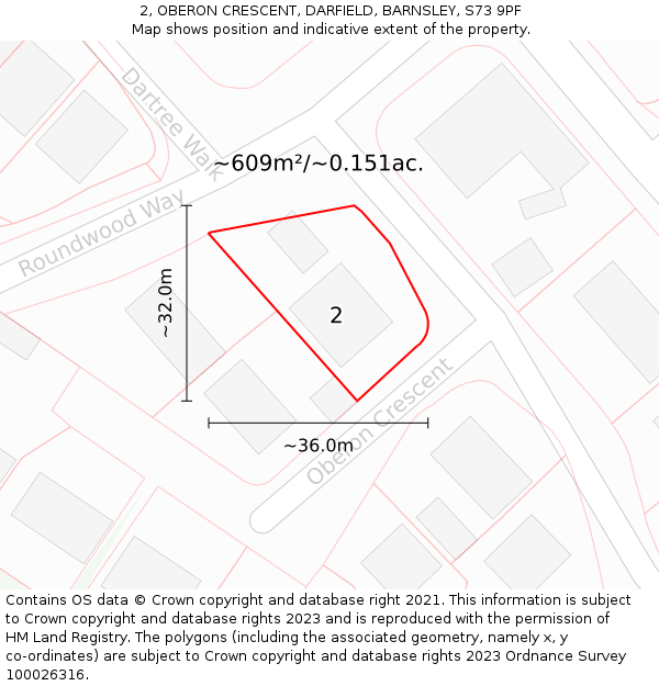 2, OBERON CRESCENT, DARFIELD, BARNSLEY, S73 9PF: Plot and title map