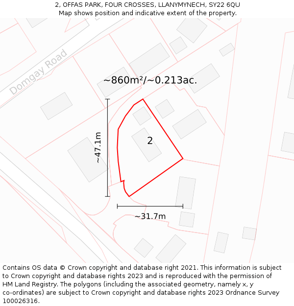 2, OFFAS PARK, FOUR CROSSES, LLANYMYNECH, SY22 6QU: Plot and title map