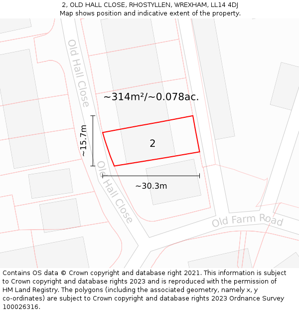 2, OLD HALL CLOSE, RHOSTYLLEN, WREXHAM, LL14 4DJ: Plot and title map