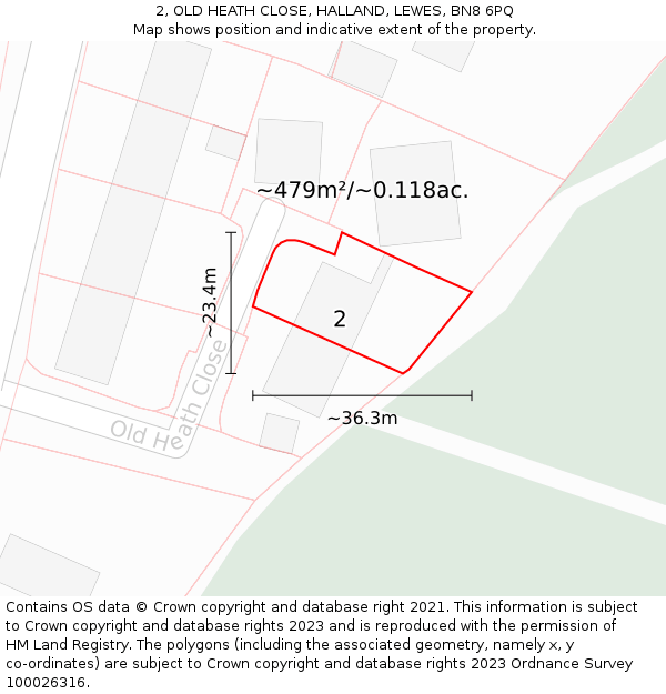 2, OLD HEATH CLOSE, HALLAND, LEWES, BN8 6PQ: Plot and title map