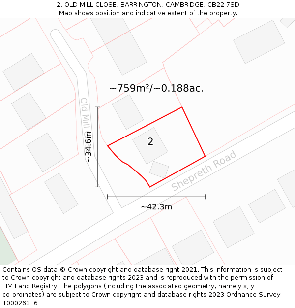 2, OLD MILL CLOSE, BARRINGTON, CAMBRIDGE, CB22 7SD: Plot and title map