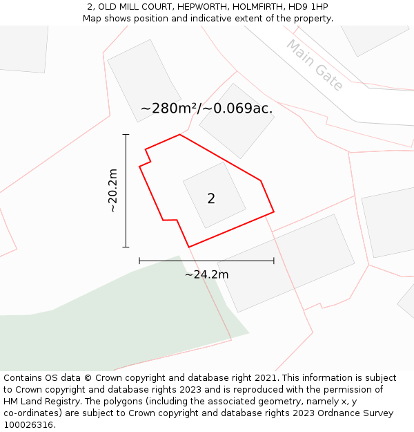 2, OLD MILL COURT, HEPWORTH, HOLMFIRTH, HD9 1HP: Plot and title map