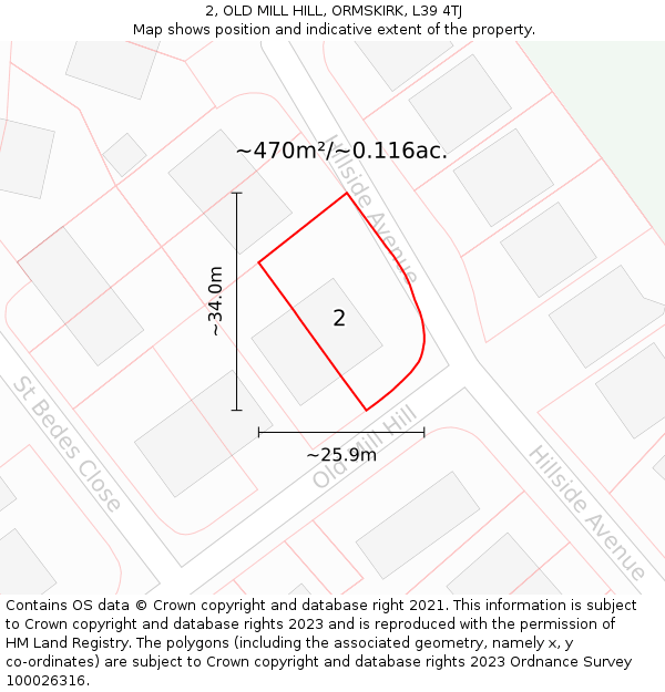 2, OLD MILL HILL, ORMSKIRK, L39 4TJ: Plot and title map